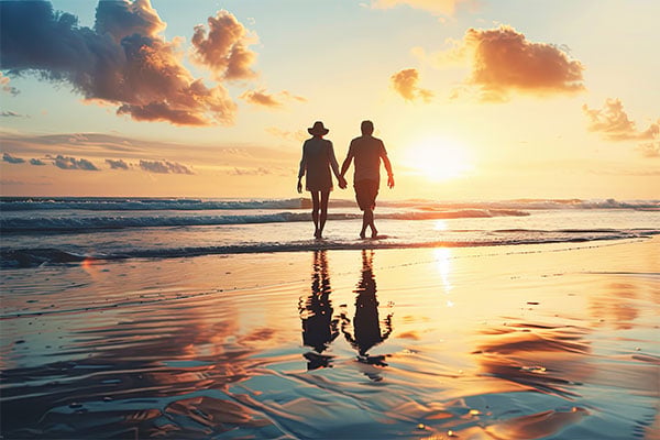 A couple walking hand-in-hand along the shoreline during sunset.