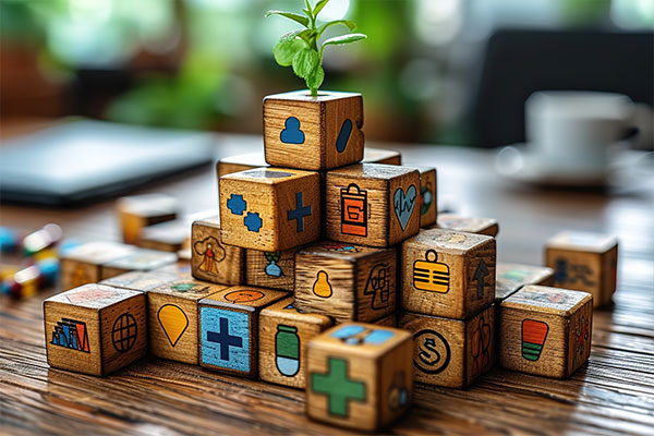 Stacked wooden blocks with financial icons