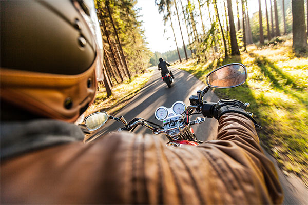 Motorcyclists riding through a wooded road in daylight.