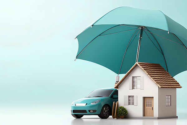 Umbrella Coverage A house and car under a large umbrella symbolizing protection.